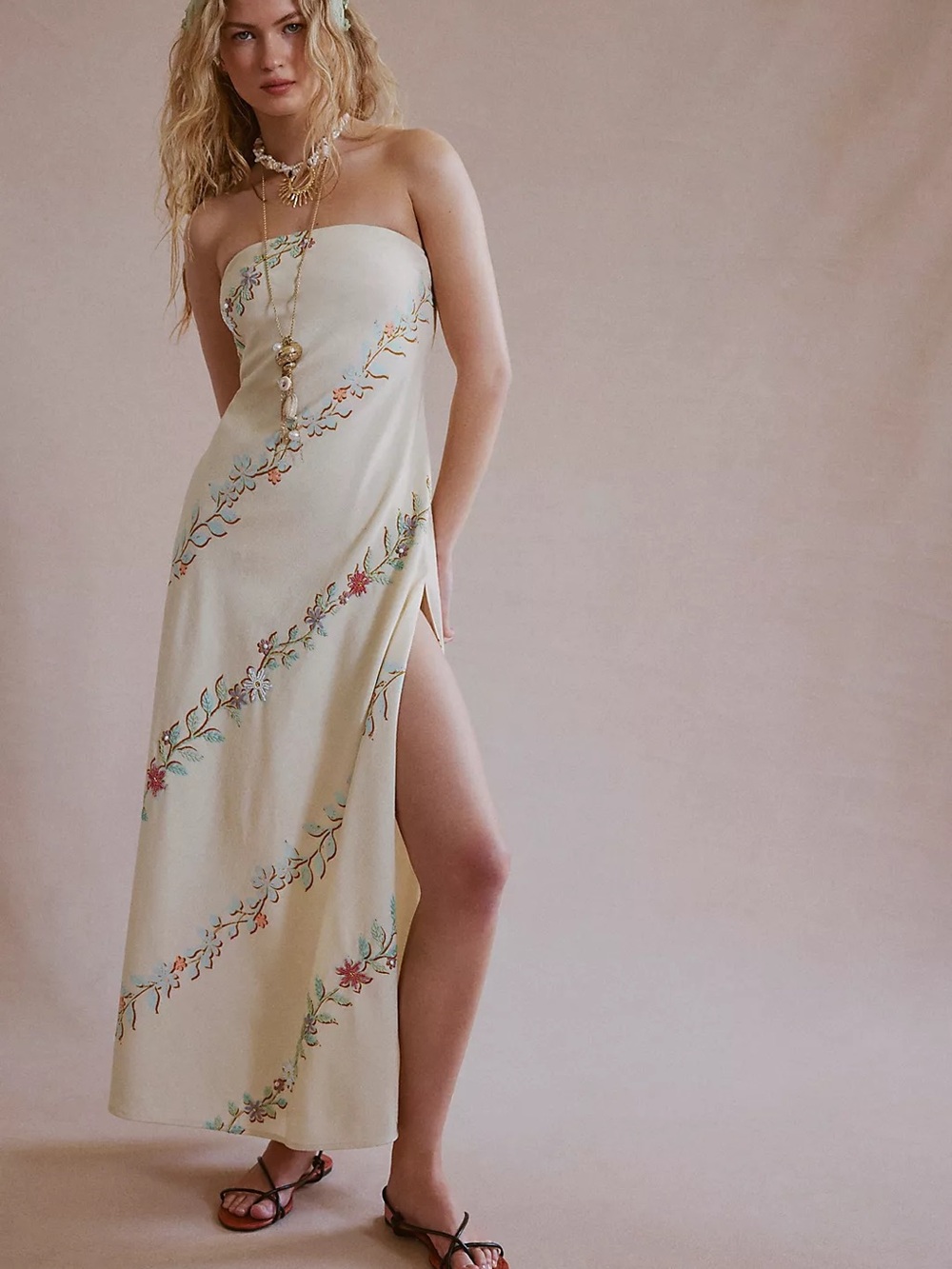SOLD OUT BEADED Free People Cream Strapless Maxi Dress with Floral Embroidery